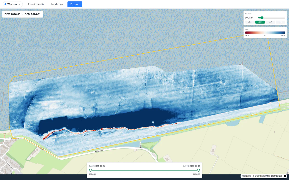 Elevation change map of the Wierum site between January 2024 and March 2026