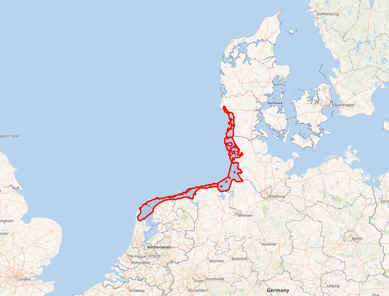 Map of the Wadden Sea along the Dutch, German and Danish coasts
