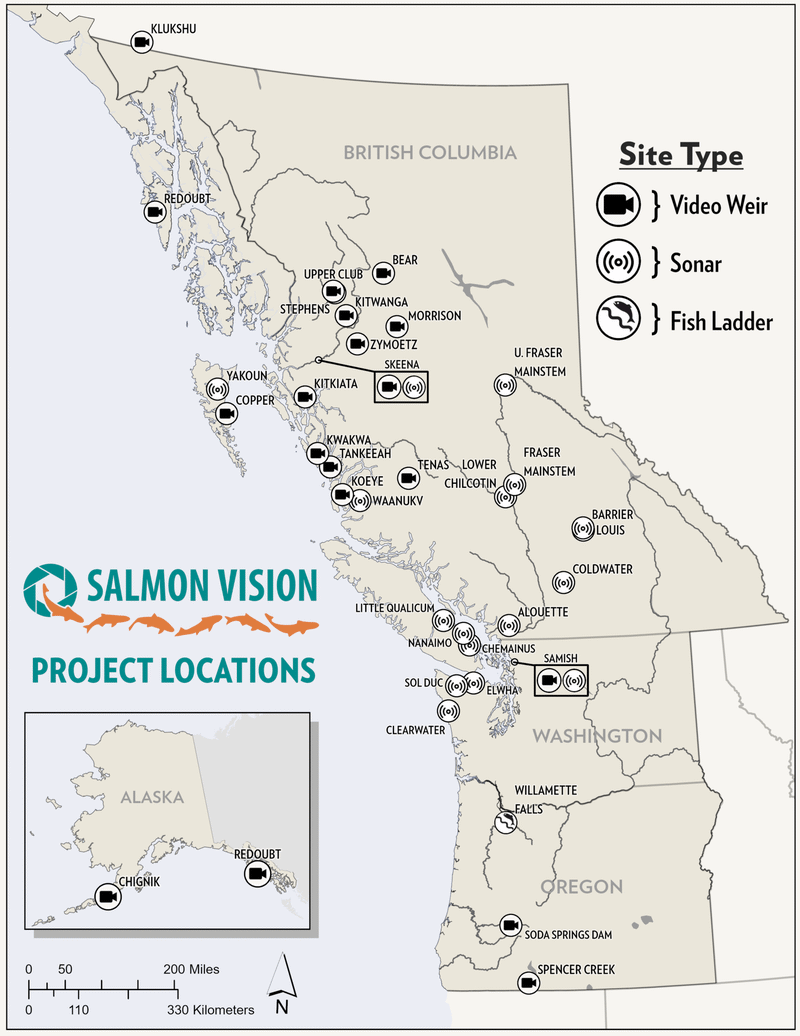 Map of SalmonVision project locations across Alaska, British Columbia, Washington and Oregon