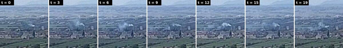 The same sequence cropped to the candidate region and laid out over time, where the smoke is clearly visible and growing