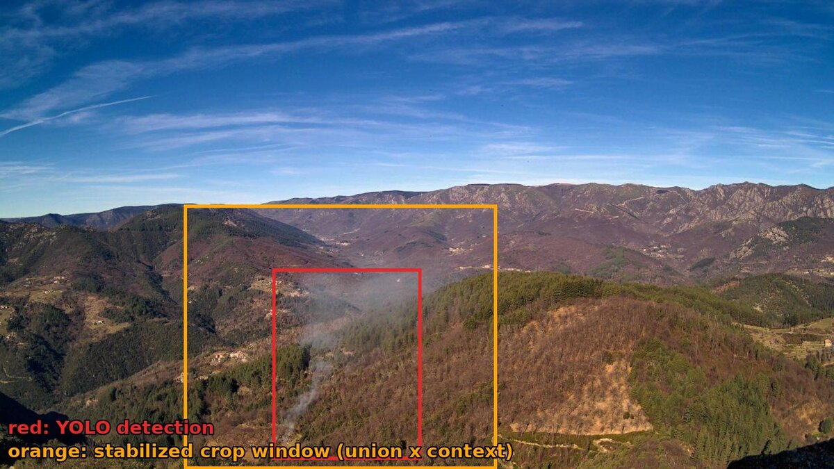 A full frame showing the per-frame detection box in red inside the larger fixed stabilized crop window in orange