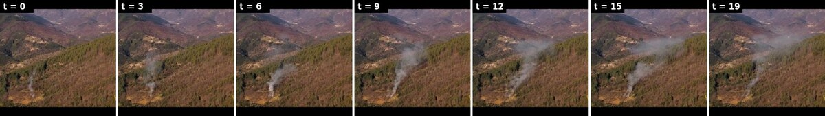 Seven stabilized 224 by 224 patches: the hillside holds perfectly still while the smoke plume grows